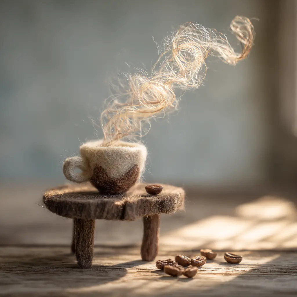 Felted wool coffee cup on tiny wooden table with steam