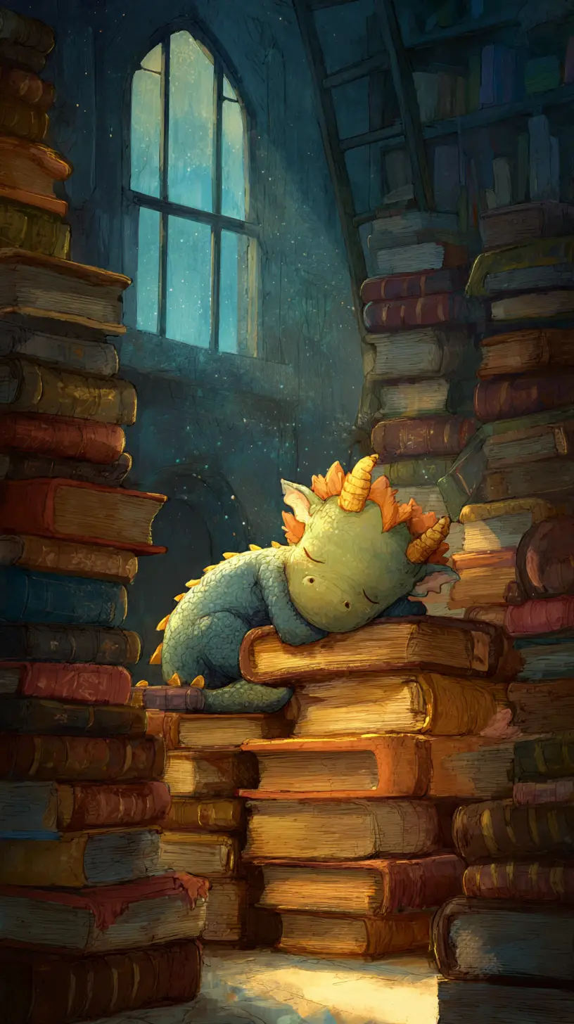 Sleeping baby dragon on enchanted books in library