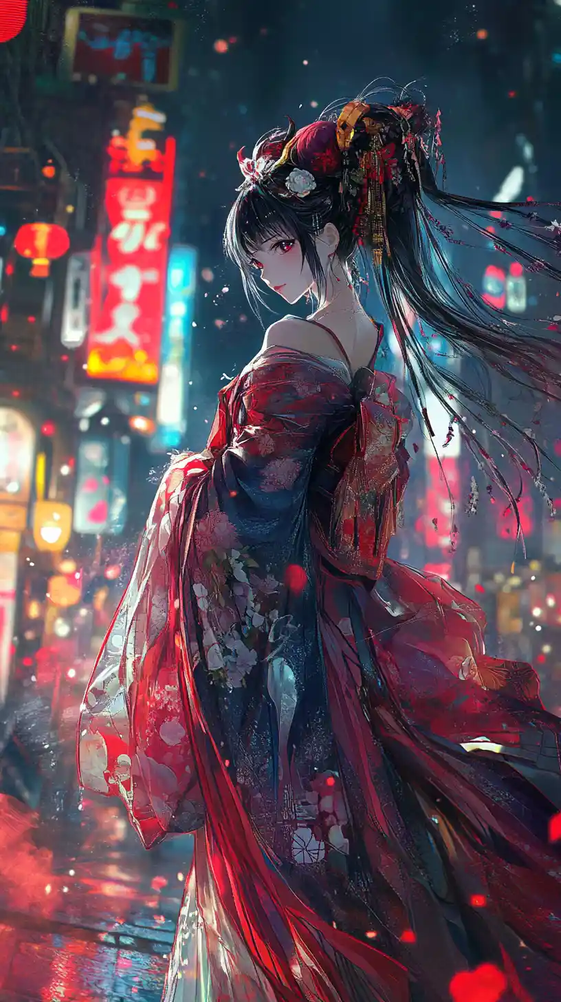 Mythical Japanese goddess rising in neon fantasy sky