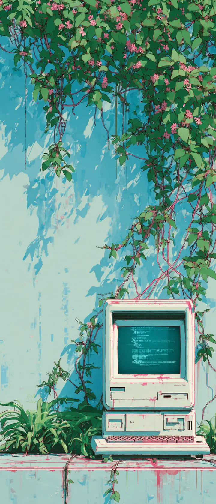 Retro computer terminal with vines in minimalist digital art