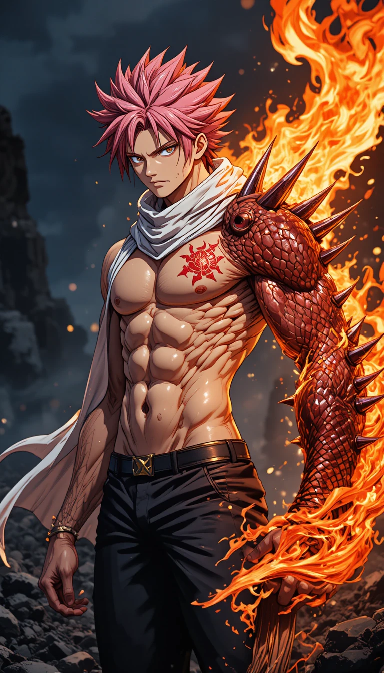 Bare chested anime warrior wreathed in spiraling fire