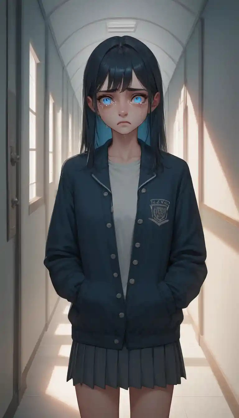 Sad Japanese schoolgirl in a dim hallway scene