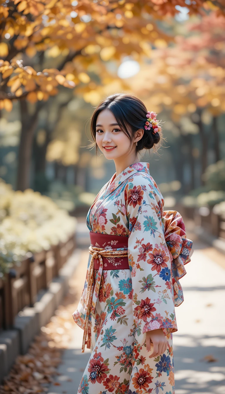 Ragazza giapponese in kimono floreale che cammina in un parco autunnale