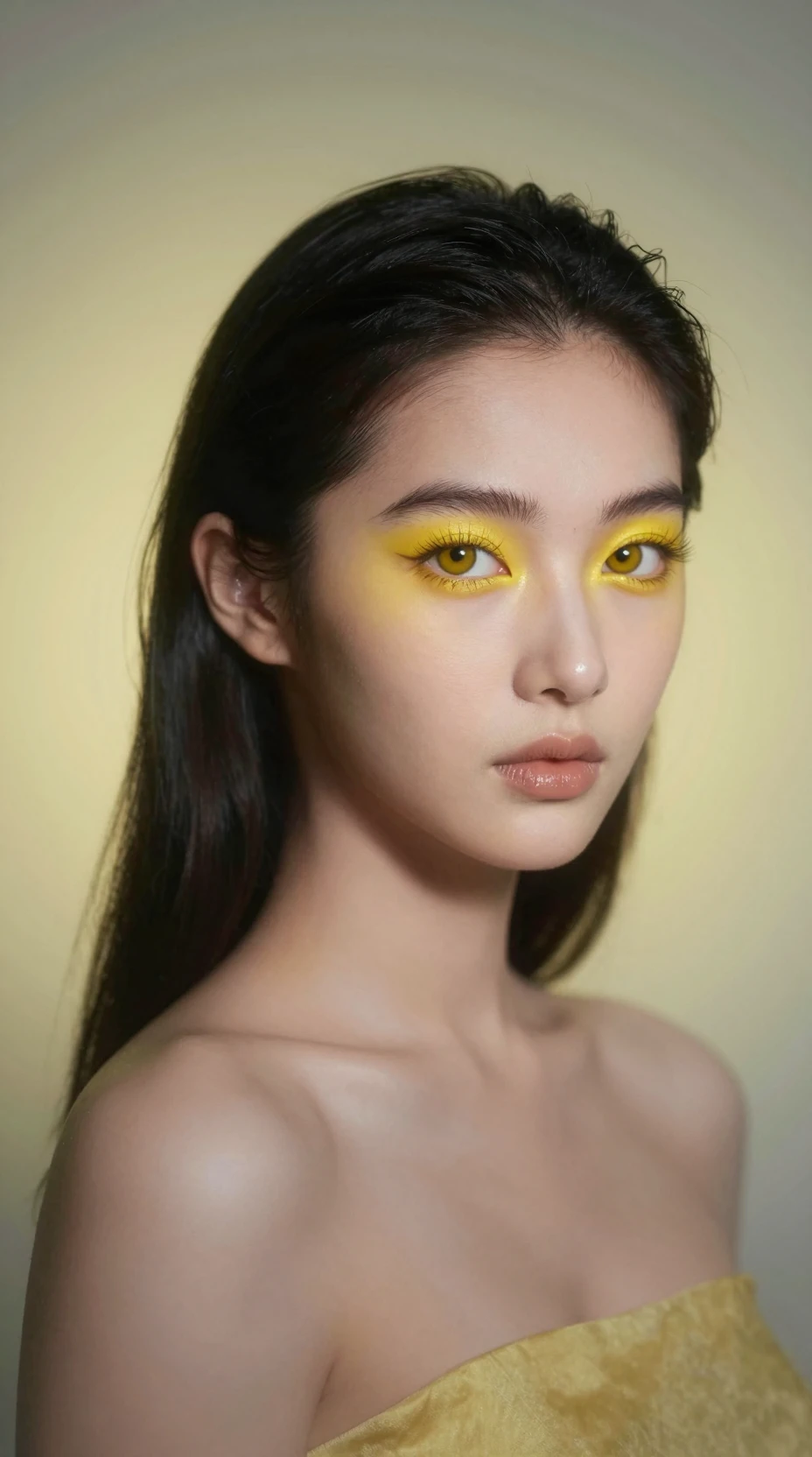 Femme mystique aux yeux jaunes dans une aura de lumière tourbillonnante