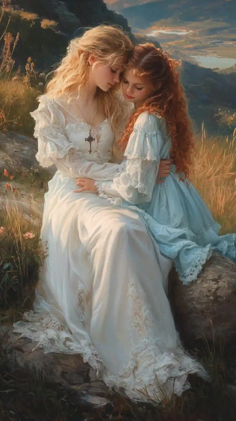 Two sisters sitting on a hill overlooking a quiet village