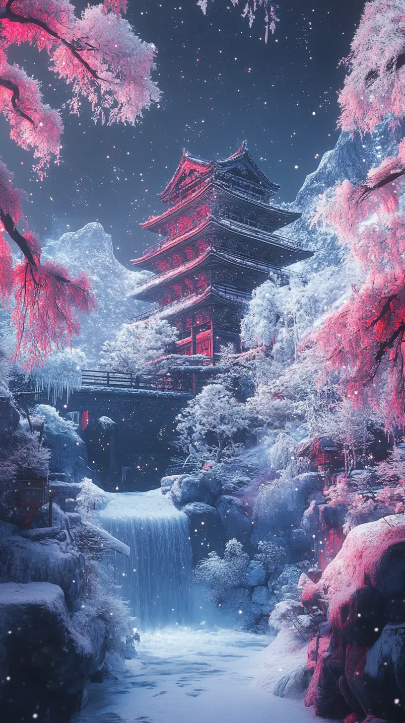 Snowy fantasy palace with waterfalls and cherry trees