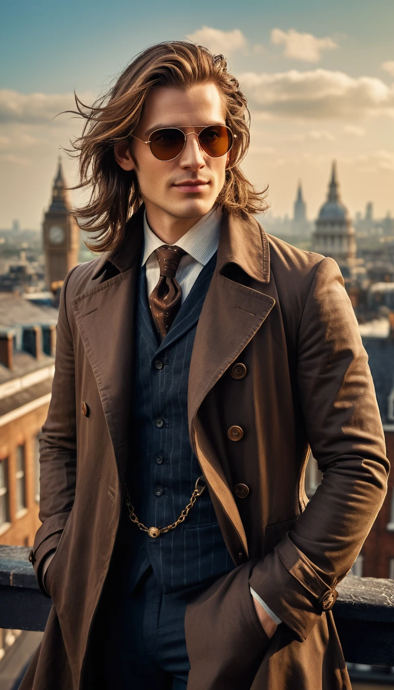 Hombre elegante en una azotea de Londres con gabardina steampunk