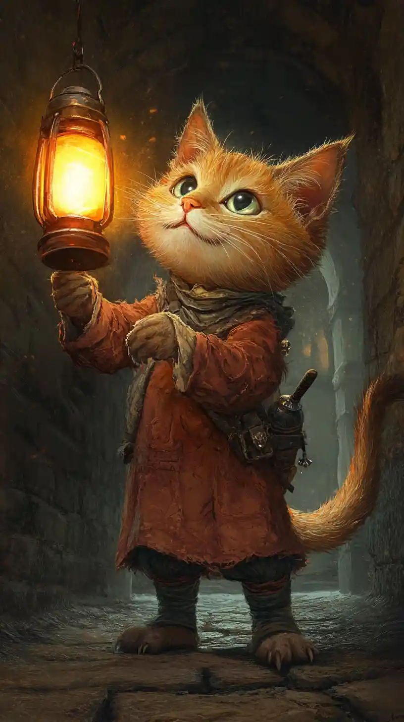 Catlike child with lantern in ancient stone cellar