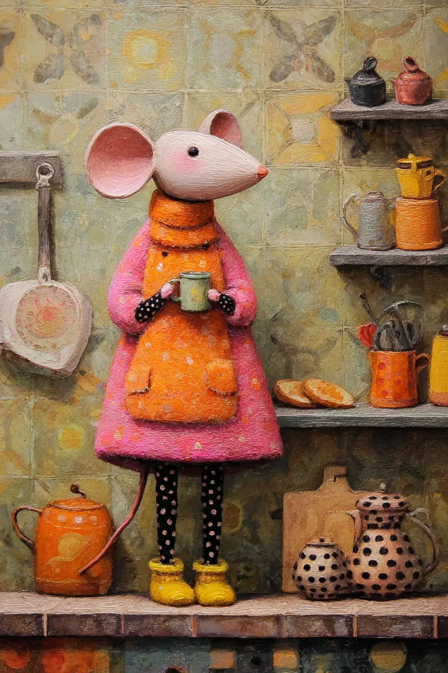 Whimsical mouse lady eating breakfast in a cozy kitchen