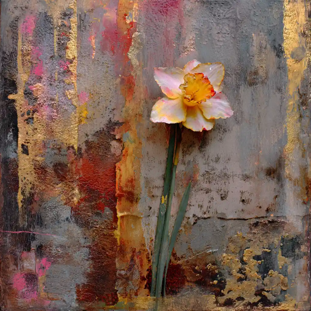 Abstract wabi sabi art with central daffodil flower