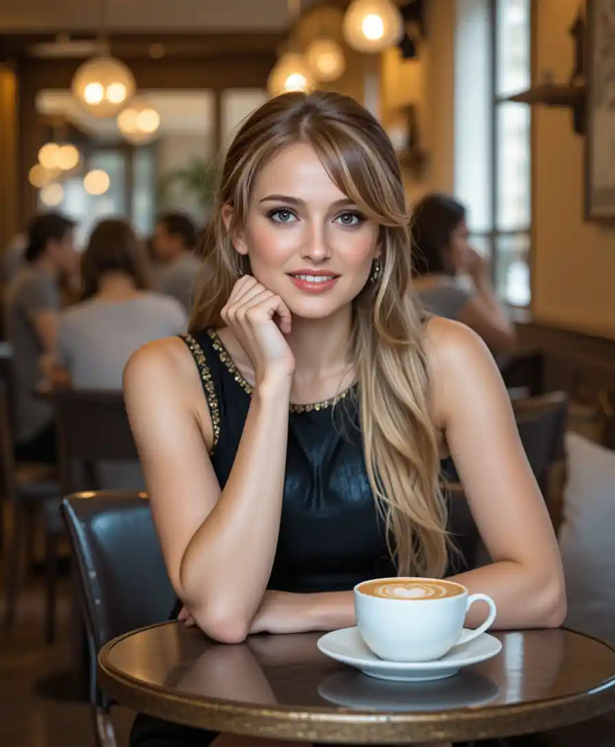 Blonde woman in black dress at cozy cafe table