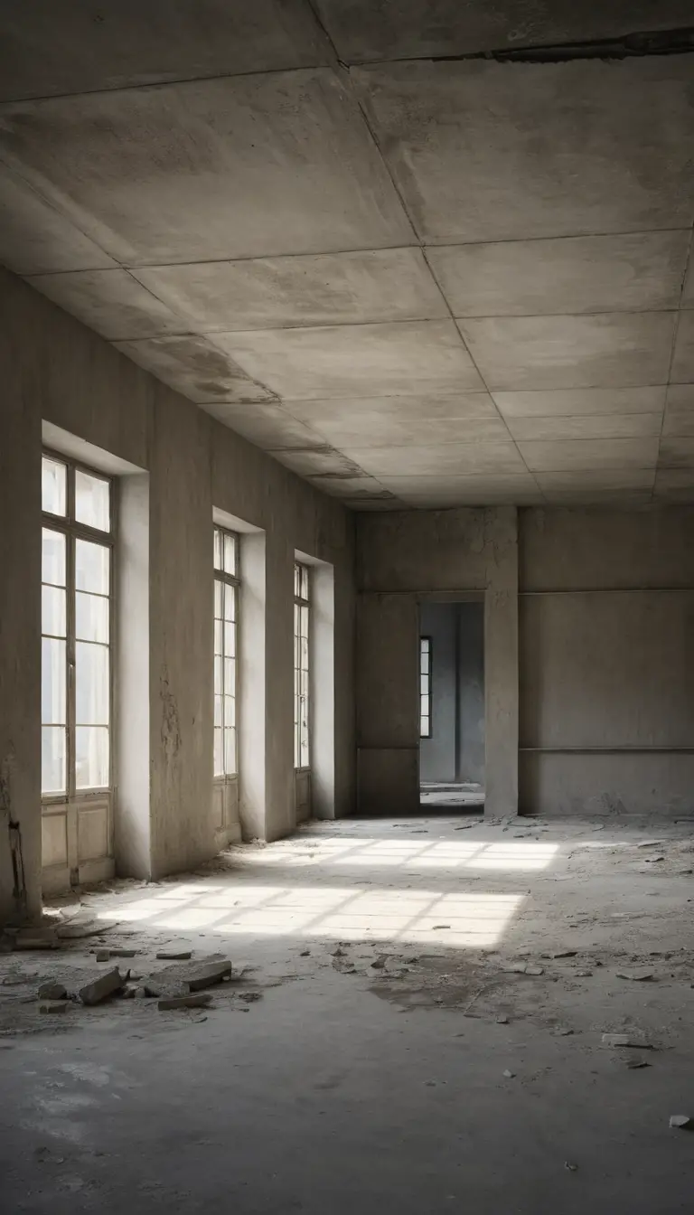 Neglected unfinished dining room with bare concrete surfaces