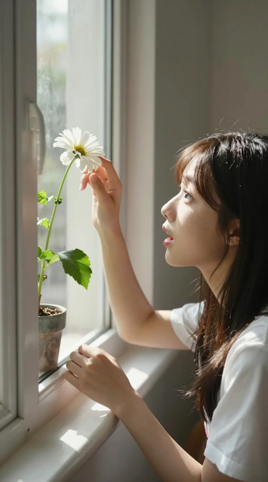 Surprised girl touching flower by the sunlit window