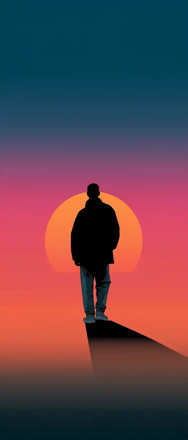 Silhouette minimalista contro un cielo al tramonto rétro con gradiente