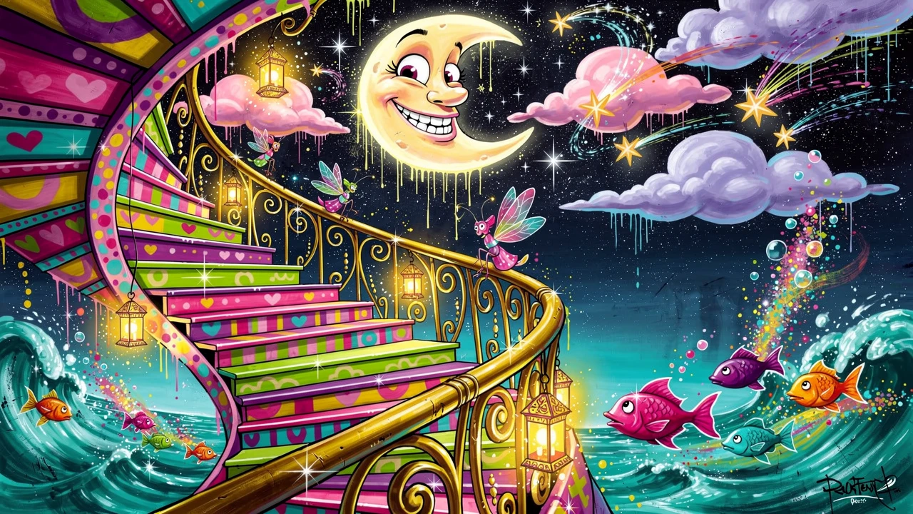 Whimsical Spiral Staircase Floating In A Magical Night Sky
