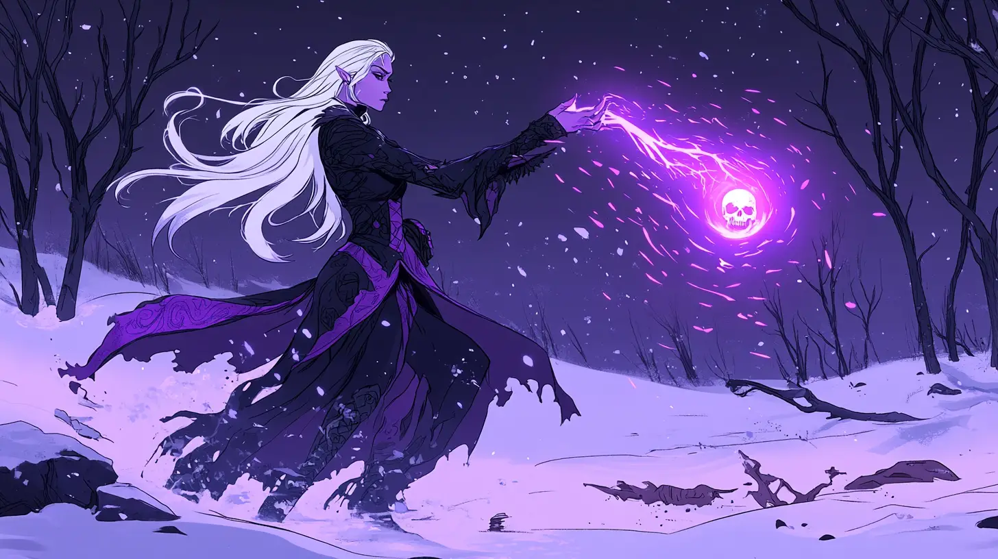 Necromancer woman wielding dark magic in winter forest
