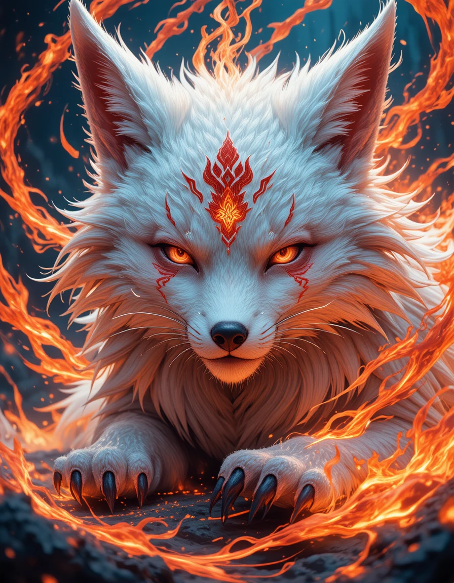 Majestic white fox spirit with blazing ritual flames