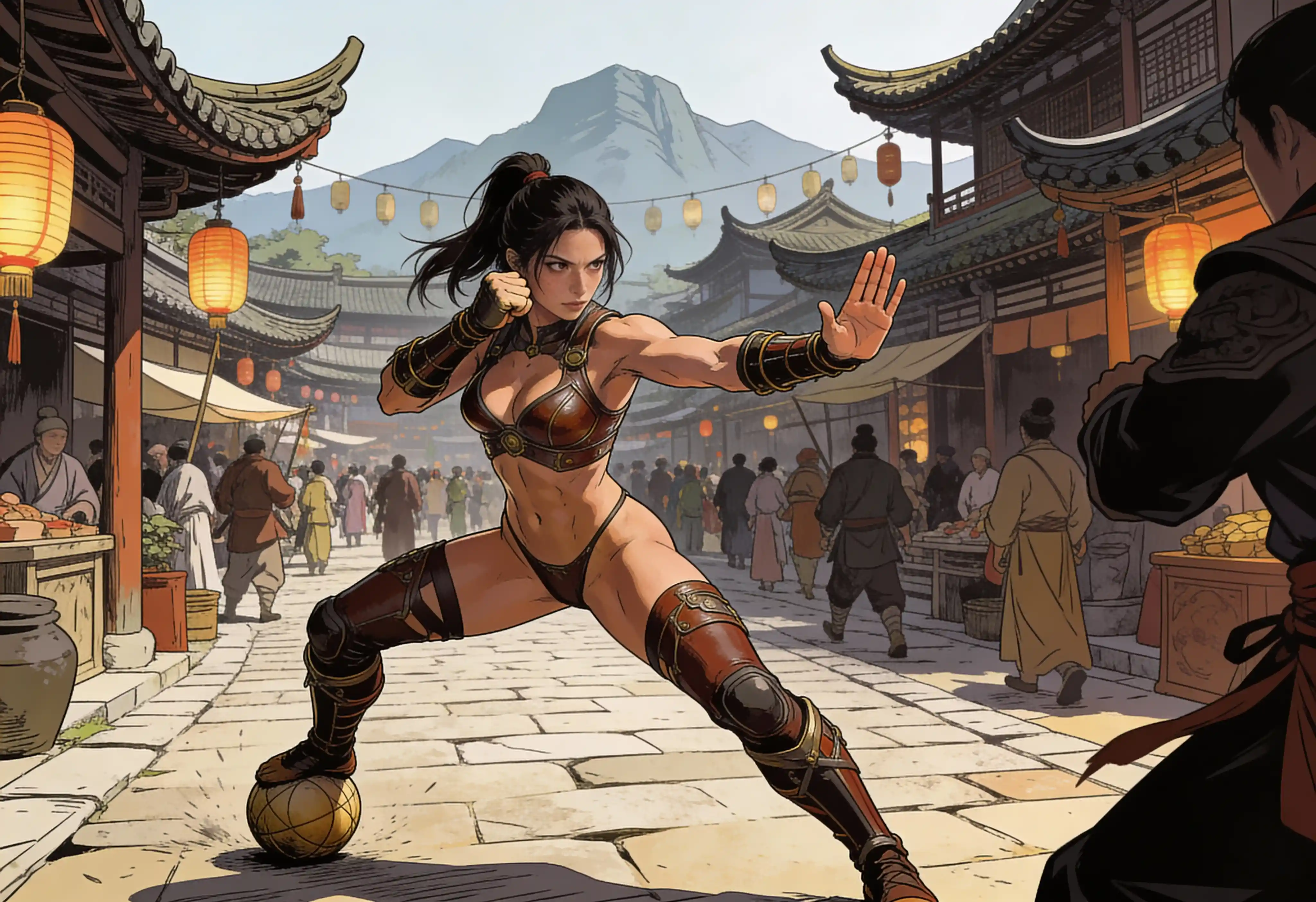 Female martial artist in a medieval Asian village square