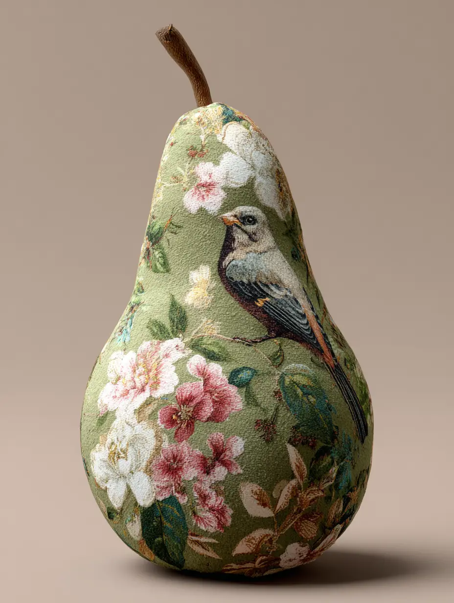 Macro studio photo of patterned velvet pear object