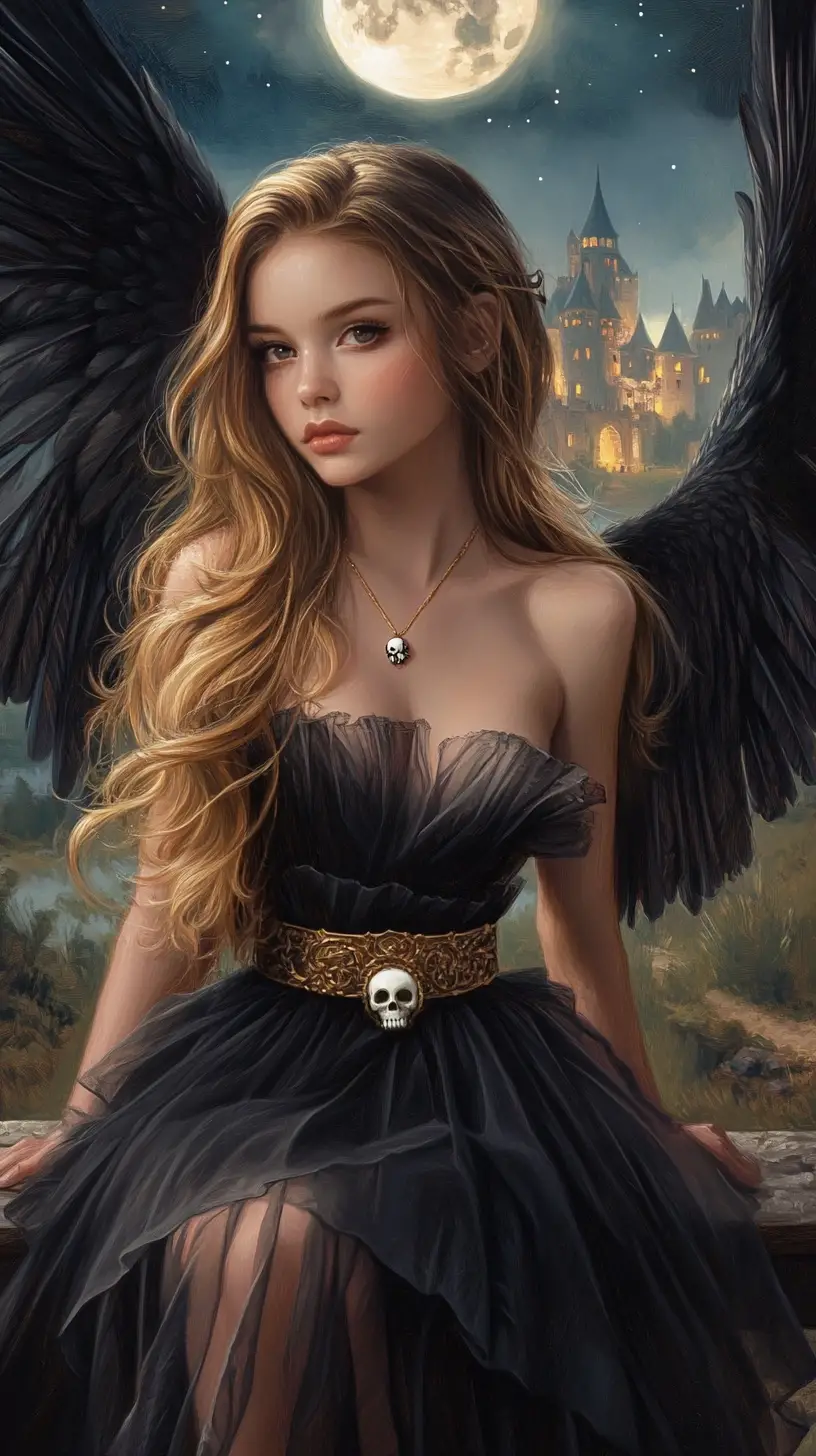 Dark angel woman on a bridge under the full moon