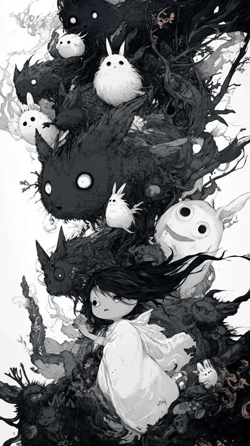 Whimsical Japanese yokai soot spirits in dark fantasy scene