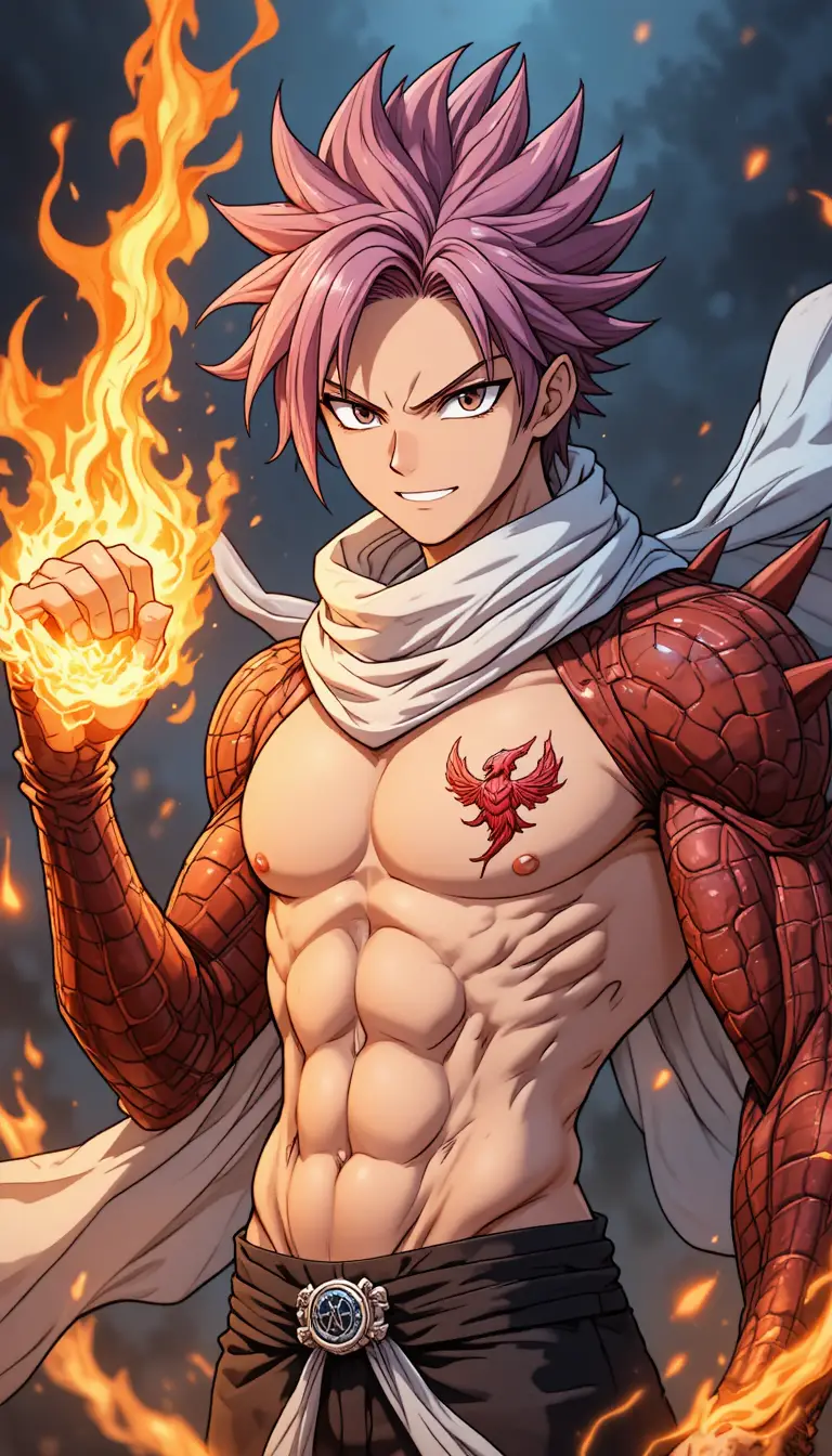 Heroic anime fire mage with dragon arm transformation