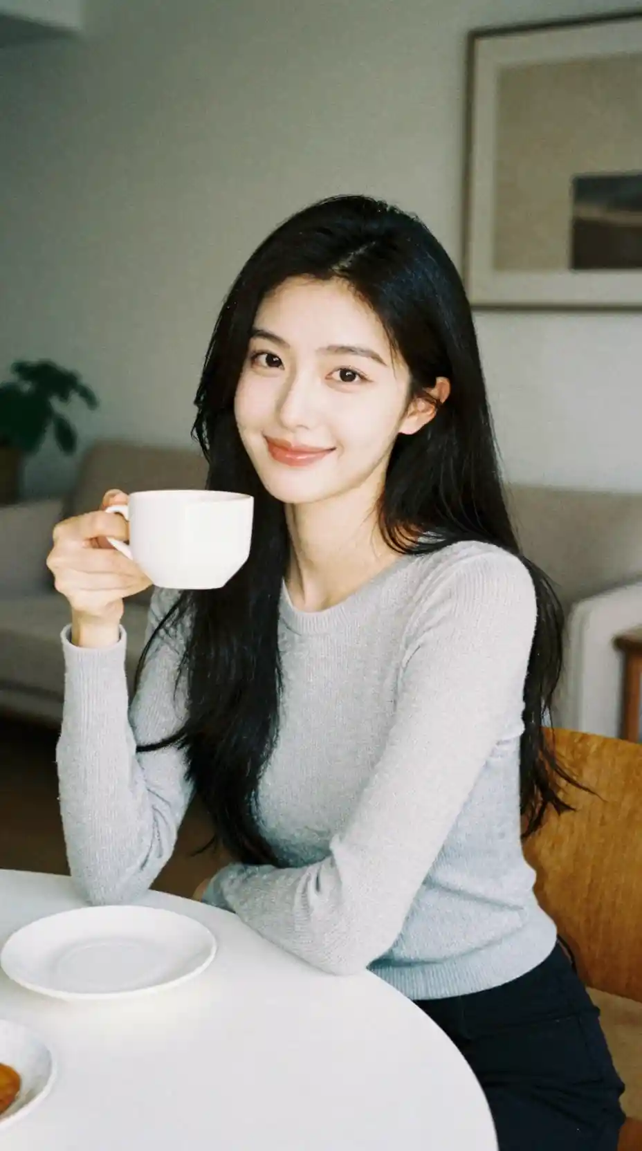 Smiling anime wife at a cozy living room table