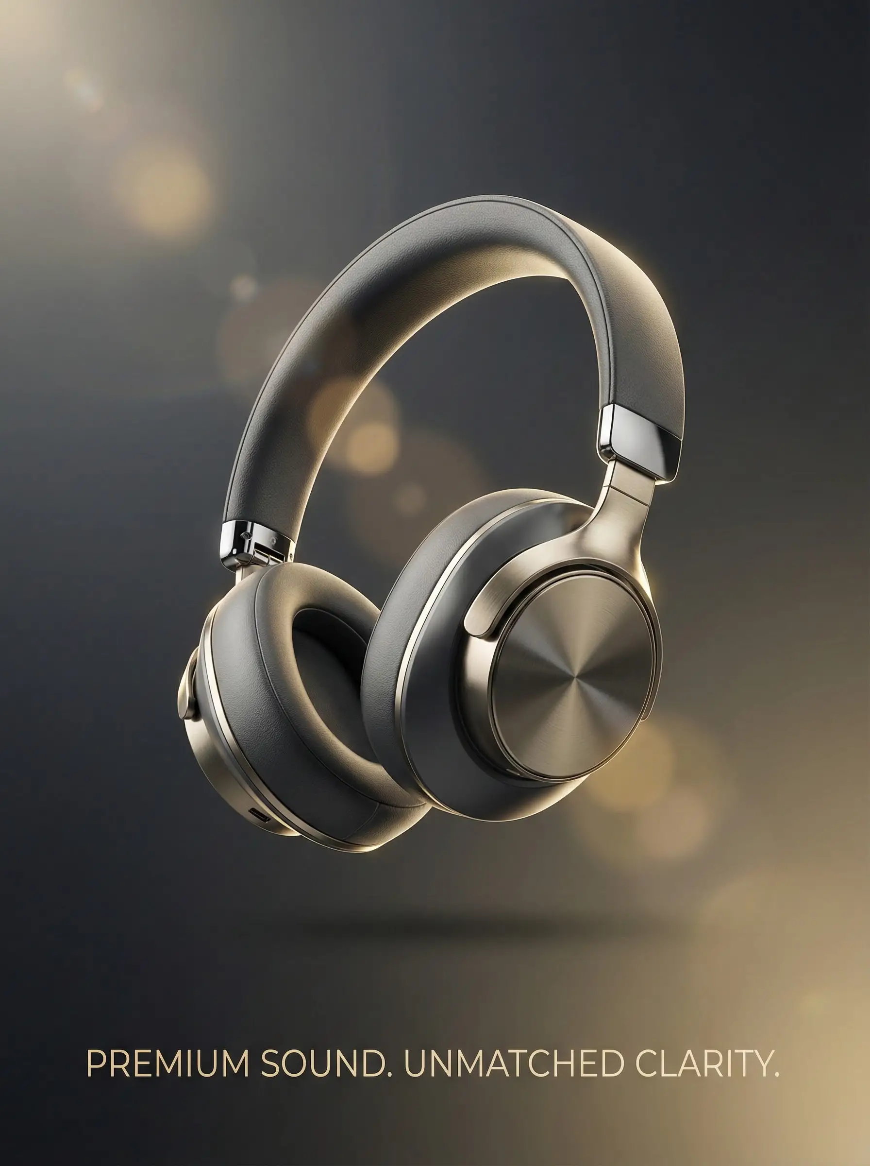 Sleek gold and black wireless headphones hovering against a dark background with bokeh light flares.