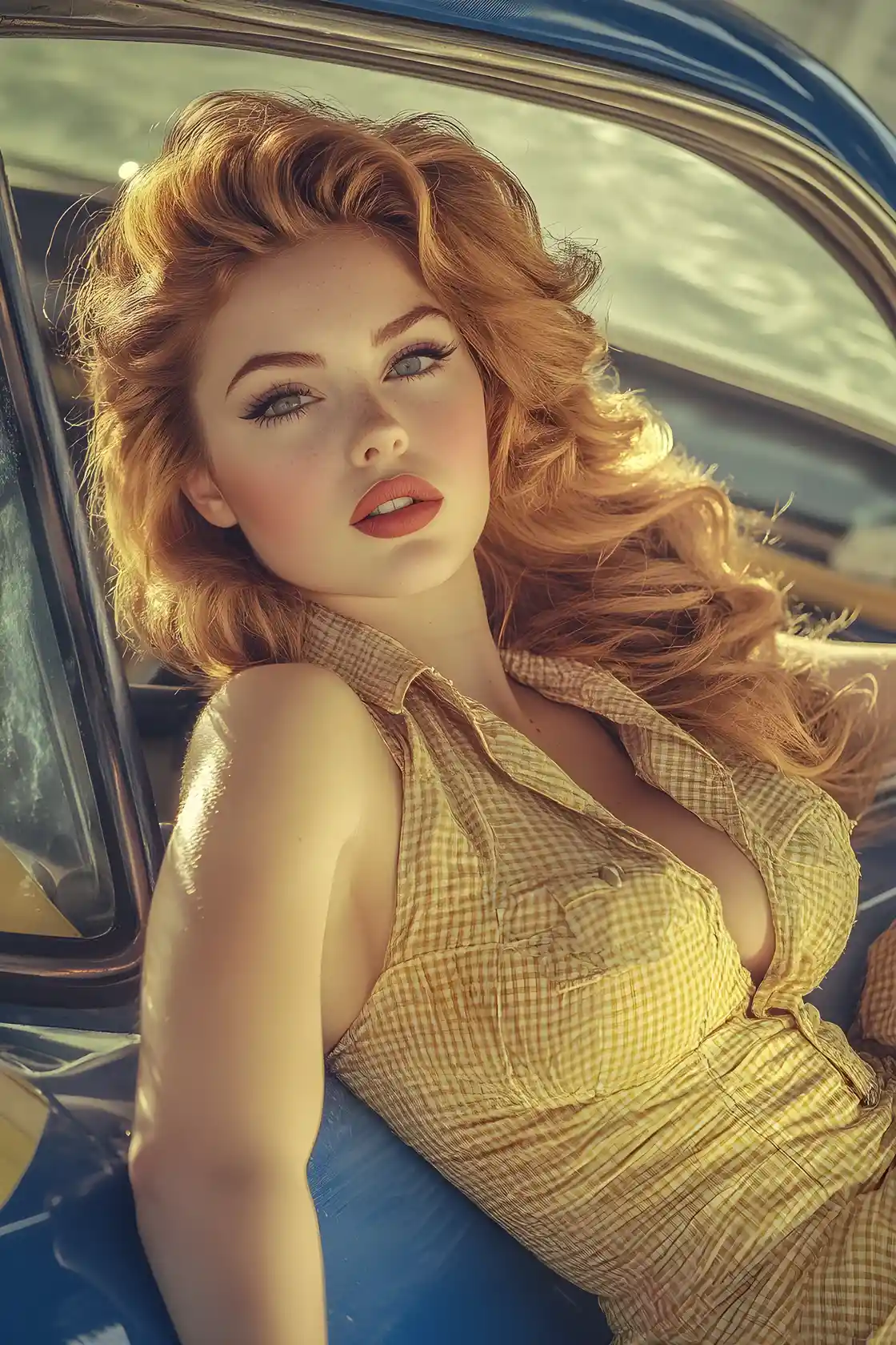 Glamorous calendar woman posing on a police car