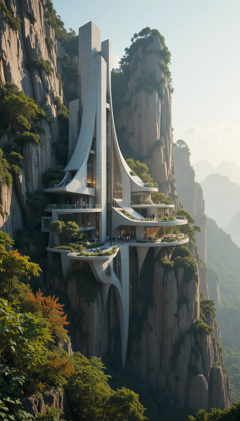 Futuristisches Gebäude in Klippen mit üppigem Grün eingelassen