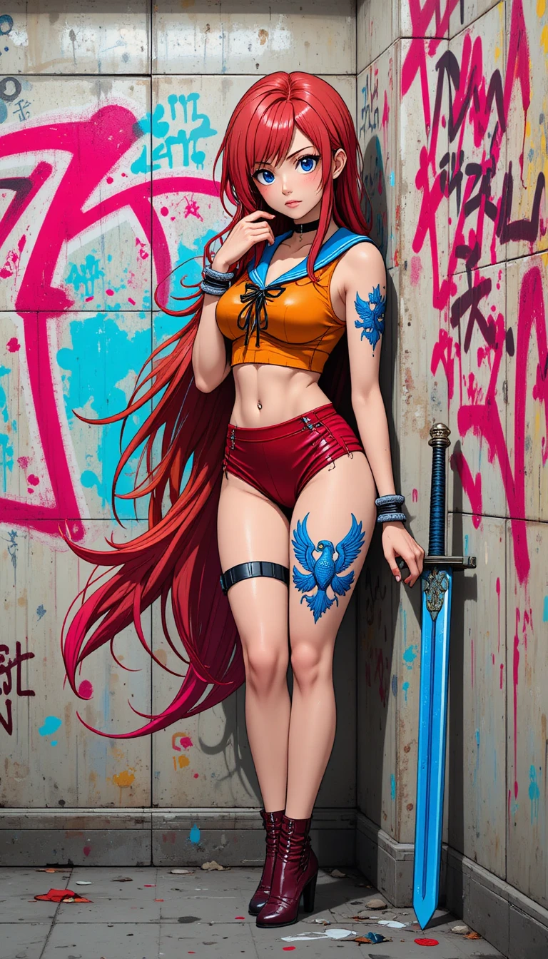 Anime girl with crimson hair leaning by subway wall