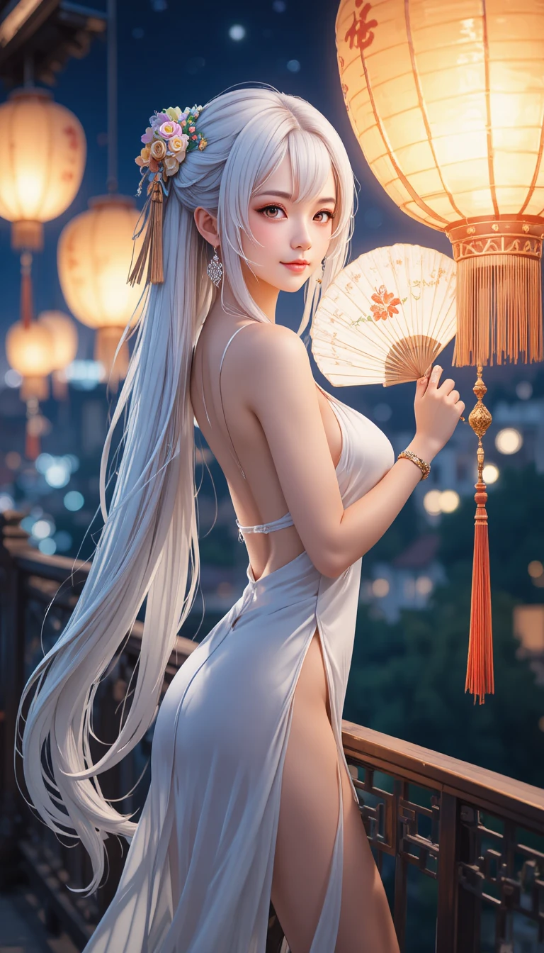 Elegante mujer de anime de cabello blanco en un balcón iluminado por faroles
