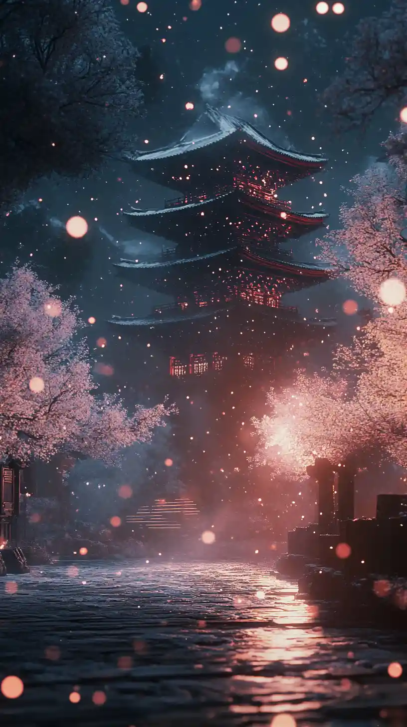 Snowy Fantasy Palace With Waterfalls And Blossoming Trees