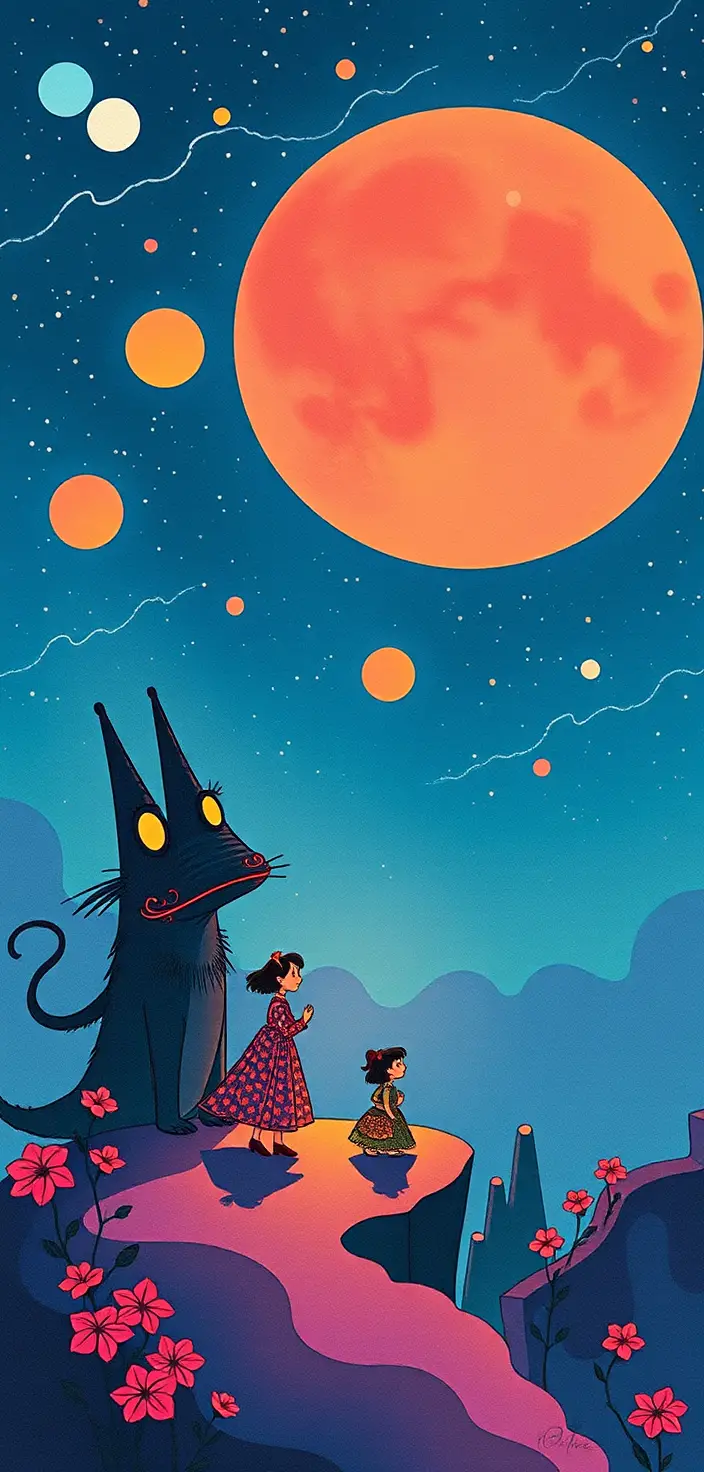 Colorful retro fantasy characters in graphic design style