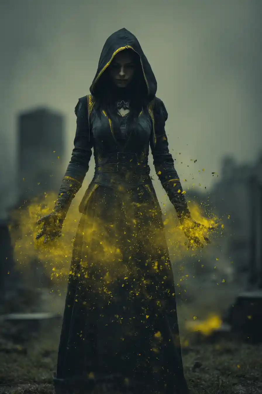 Human warlock summoning energy in a dark graveyard