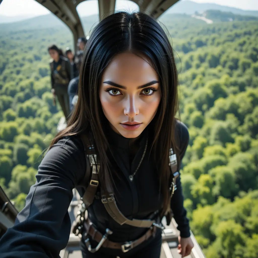 Determined woman in black jumpsuit inside a jet