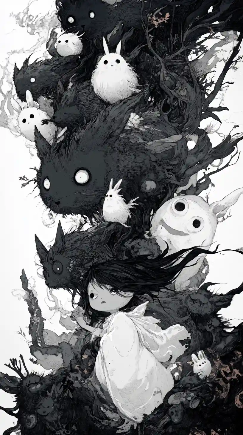 Whimsical Japanese yokai soot spirits in dark fantasy scene