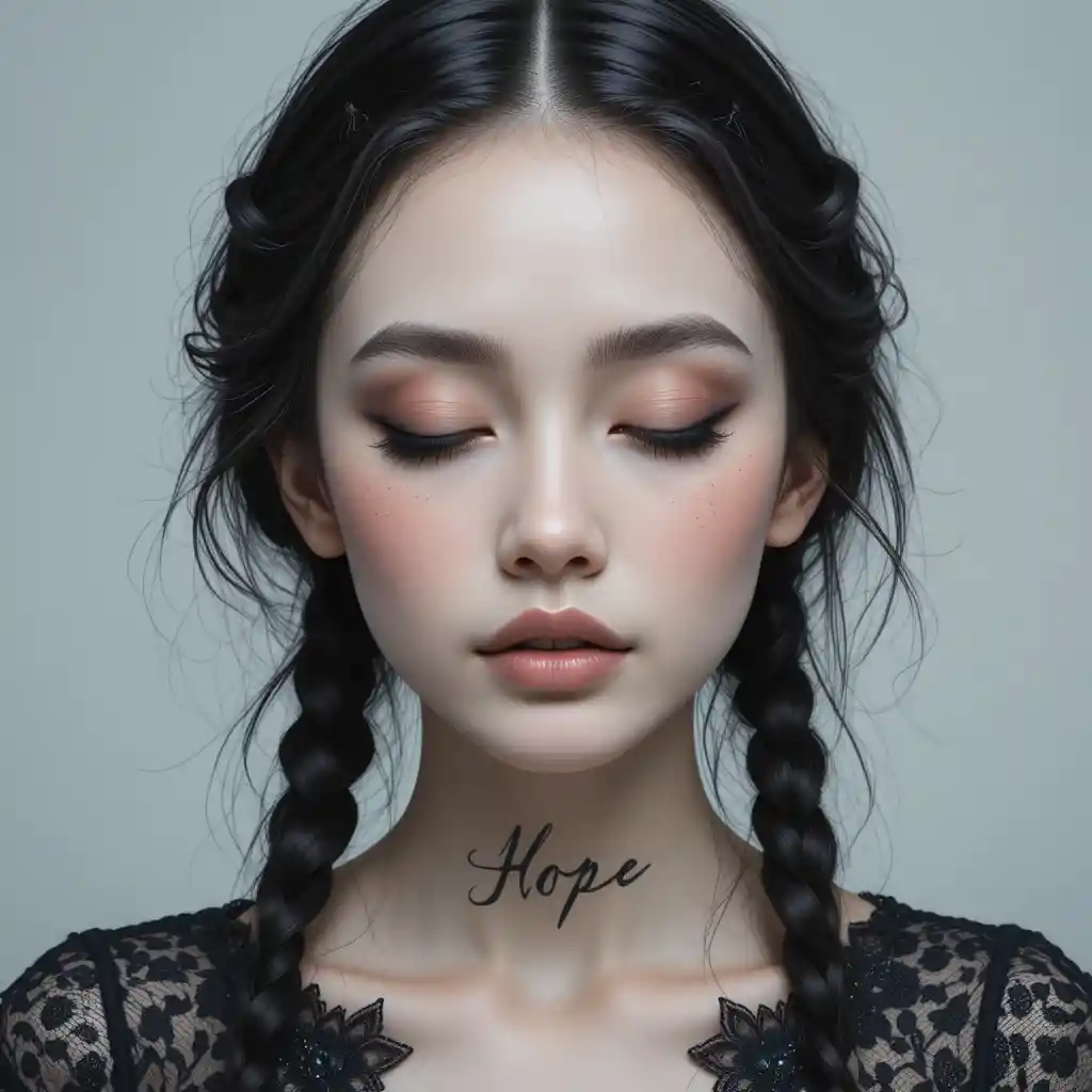 Mystical portrait of a pale woman with hope tattoo