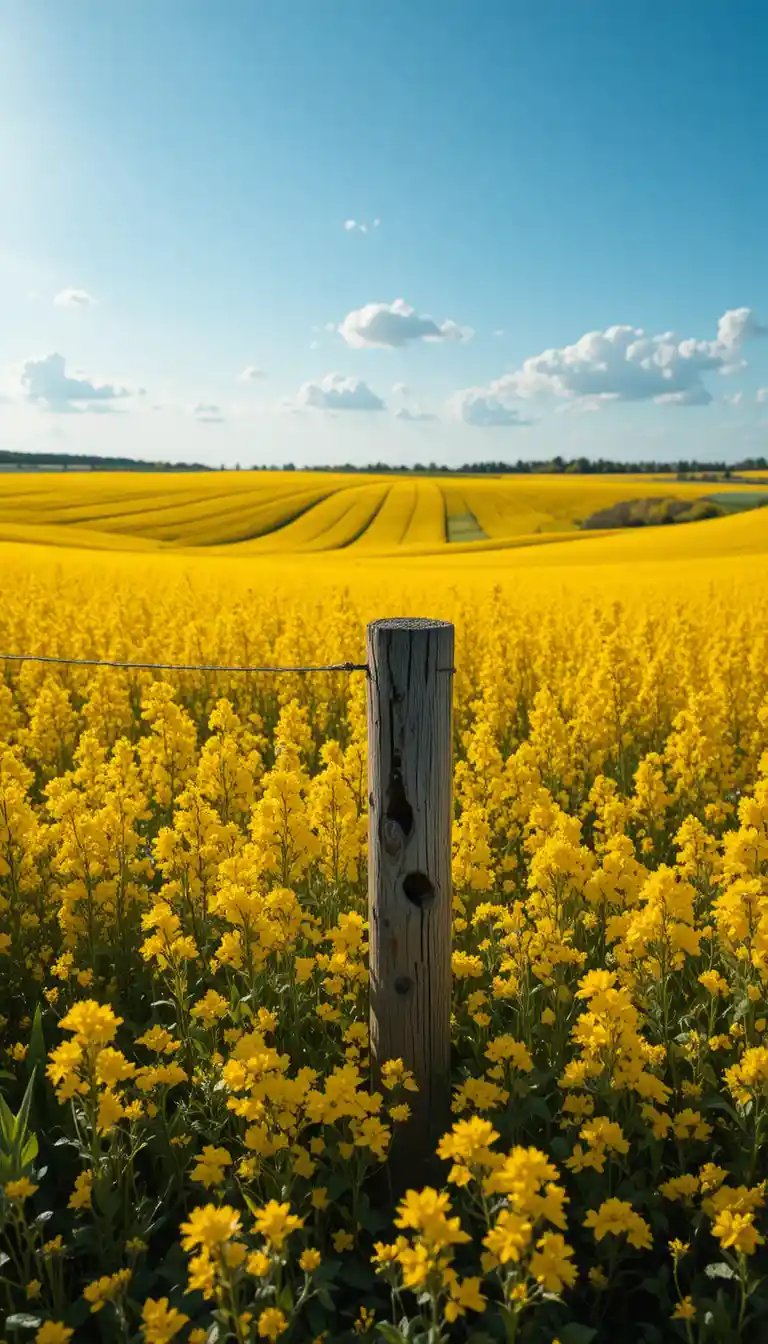 Vast yellow mustard field under soft golden sky