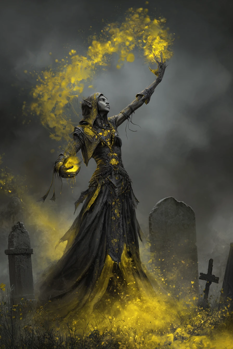 Brujo humano invocando energía en un cementerio oscuro