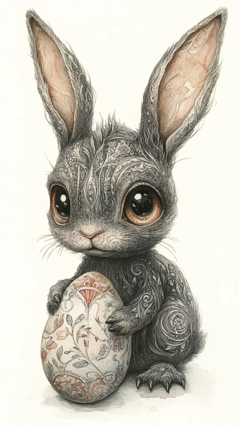 Dreamy watercolor rabbit with easter egg on white background