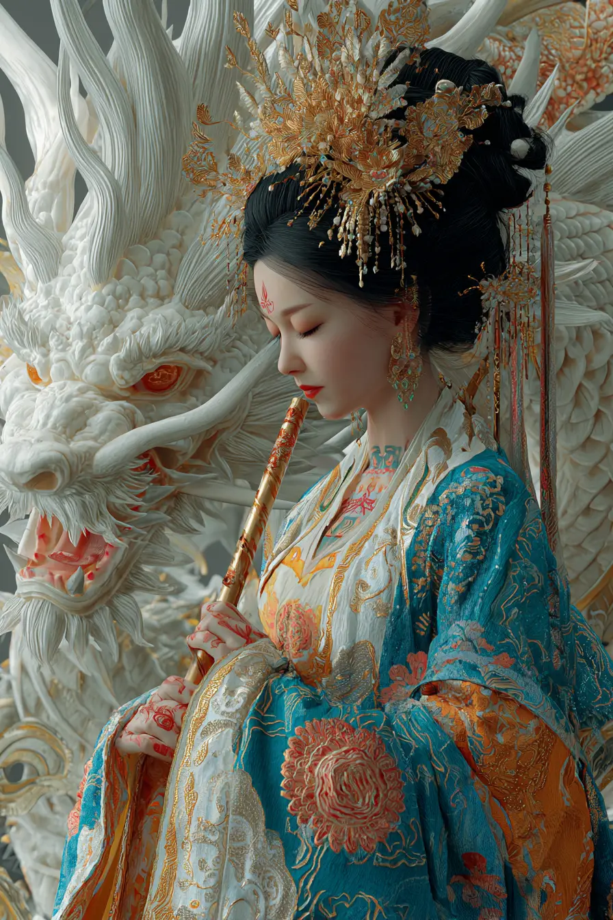 Meditating imperial woman with dragon and koi in silk