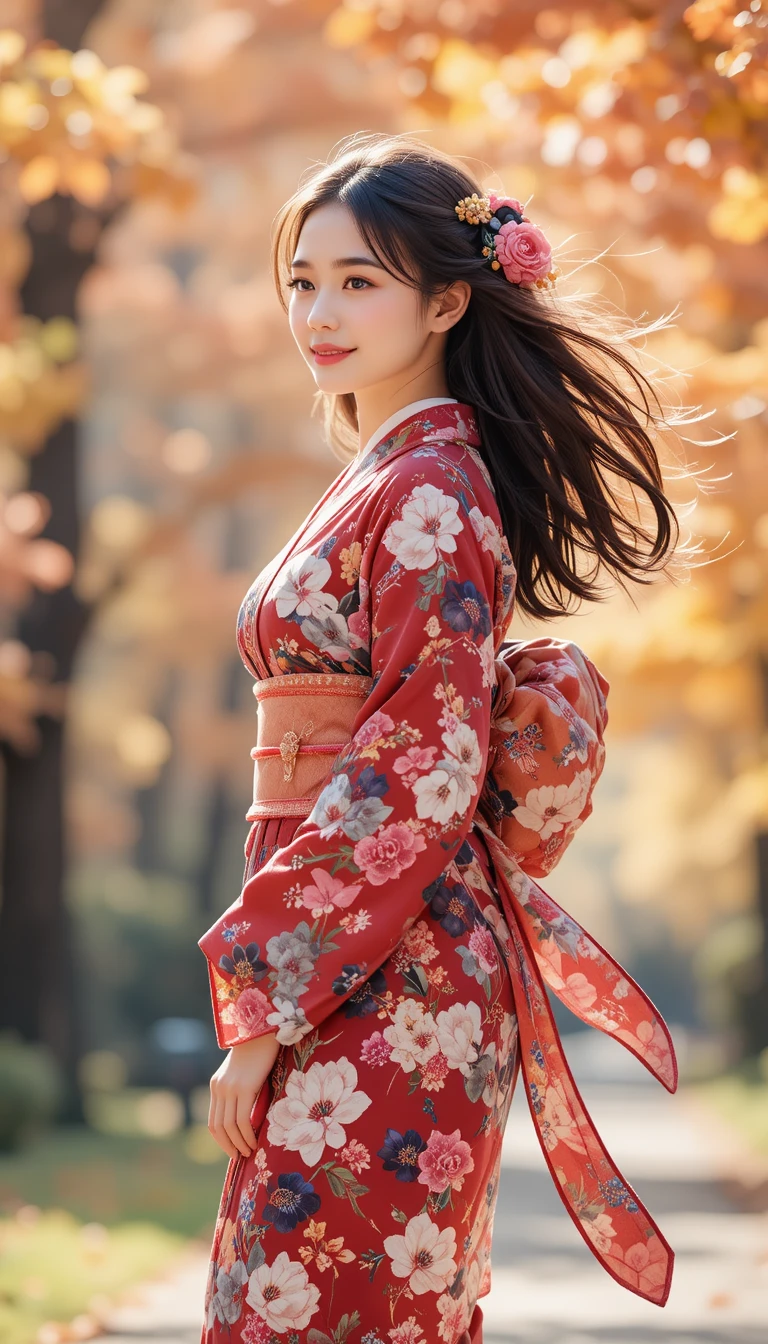Ragazza giapponese in kimono floreale che cammina in un parco autunnale