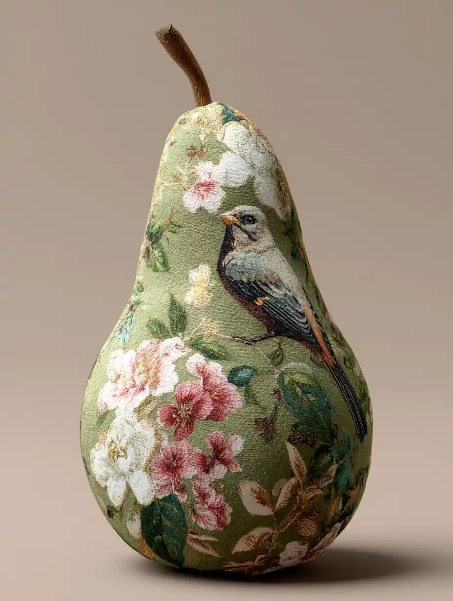 Macro studio photo of patterned velvet pear object