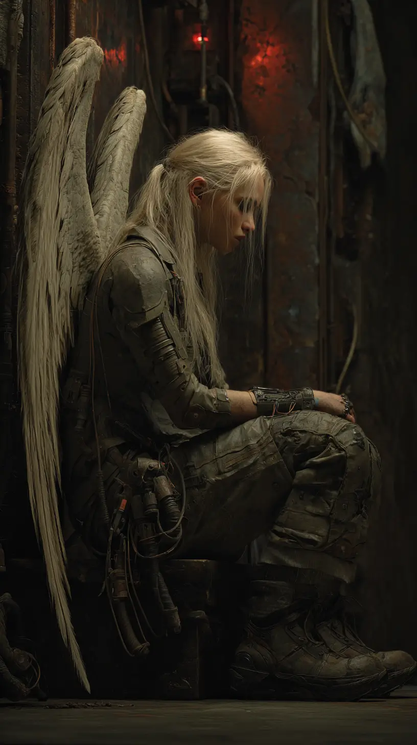Young woman with industrial wings in worn sci fi armor