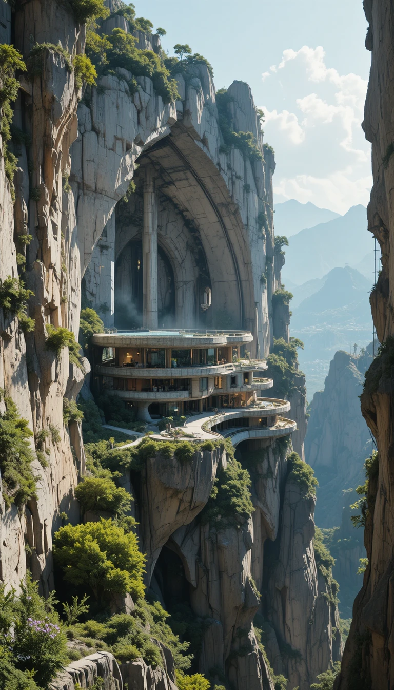 Sanctuaire futuriste taillé dans des falaises de montagne spectaculaires