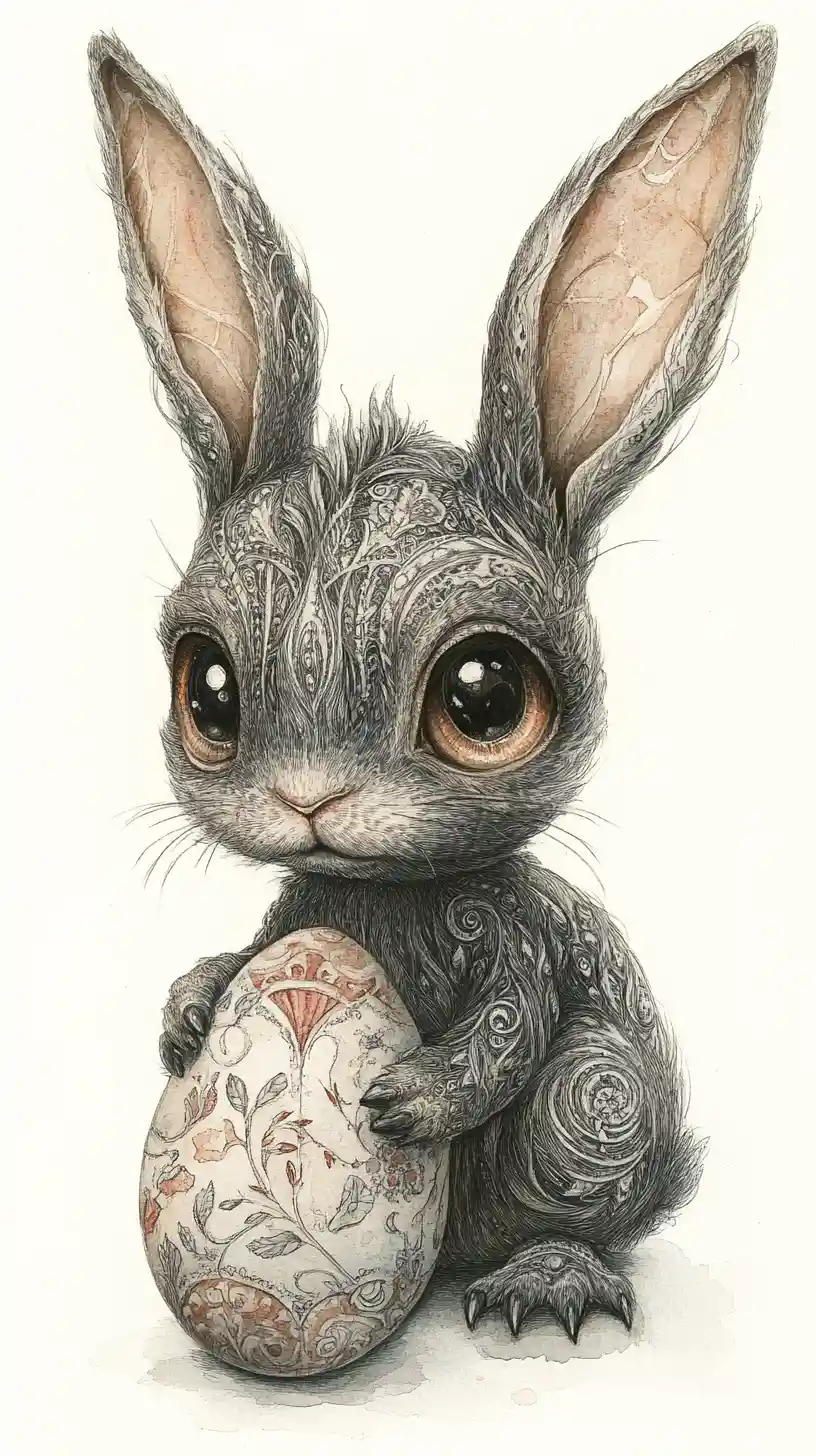Dreamy watercolor rabbit with easter egg on white background