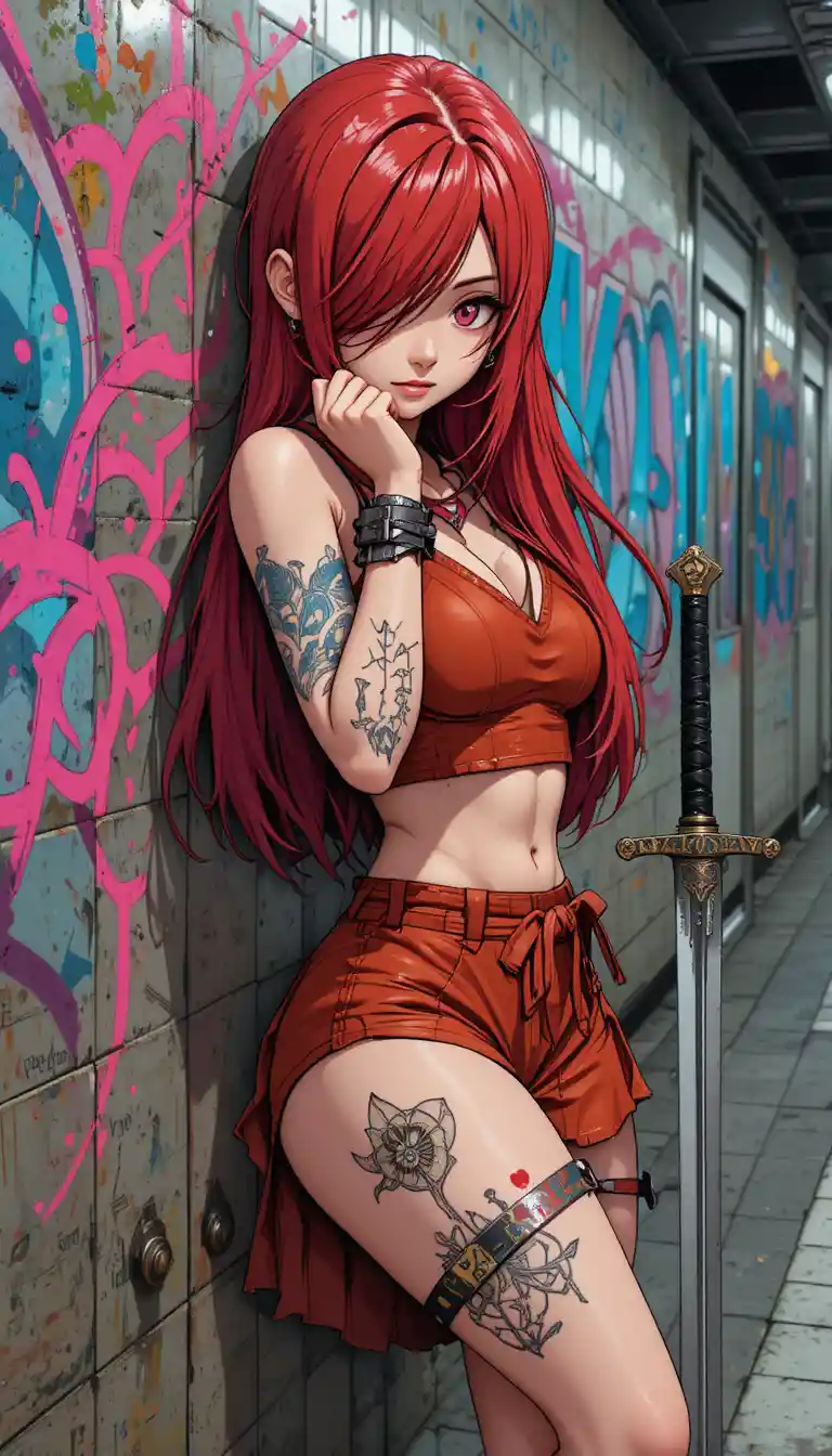 Anime punk girl with crimson hair leaning in subway