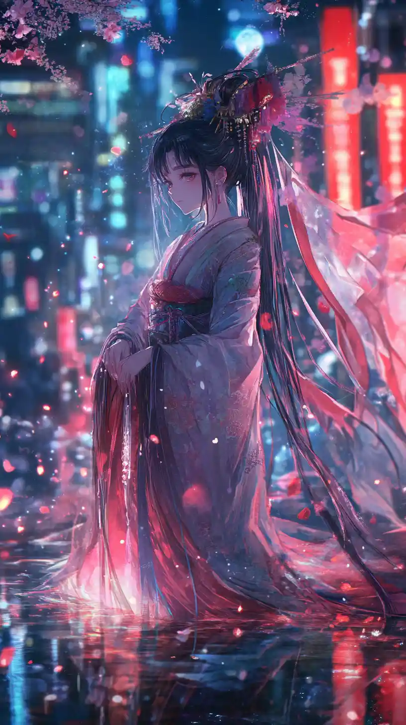 莊嚴日本女神於霓虹神話境界中升起