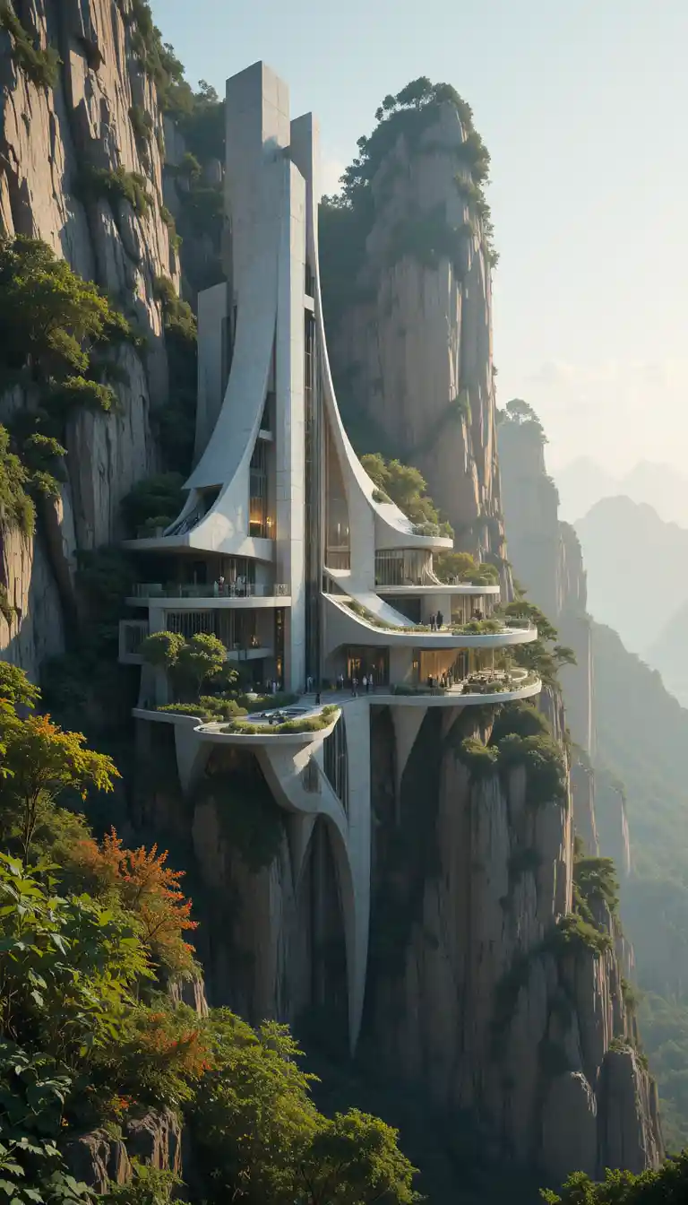 Futuristisches Gebäude in Klippen mit üppigem Grün eingelassen